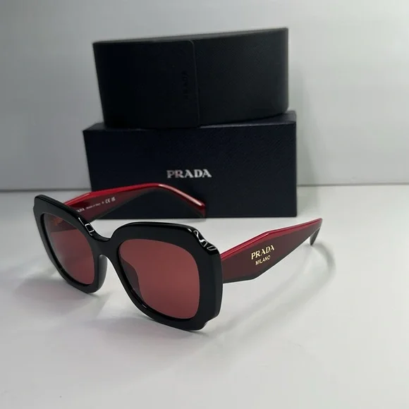 Prada Black and Red Sunglasses Modern Design Prada Sunglasses Black Matte Square Red Stripe PS01LV VPS  main image 4